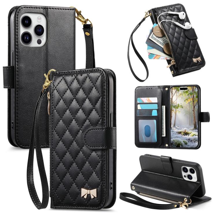 Portafoglio con cerniera a trama romboidale, fibbia in metallo, custodia per telefono in ecopelle con cinturino, For iPhone 15 Pro Max, For iPhone 15 Pro, For iPhone 15 Plus, For iPhone 15