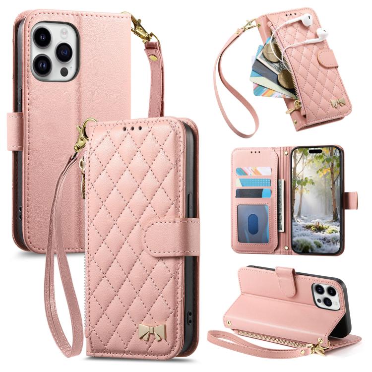 Portafoglio con cerniera a trama romboidale, fibbia in metallo, custodia per telefono in ecopelle con cinturino, For iPhone 15 Pro Max, For iPhone 15 Pro, For iPhone 15 Plus, For iPhone 15