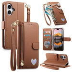 Portafoglio con cerniera a forma di cuore fantasy, custodia per telefono in pelle vegana con cinturino, For iPhone 16 Pro Max, For iPhone 16 Pro, For iPhone 16 Plus, For iPhone 16