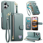 Portafoglio con cerniera a forma di cuore fantasy, custodia per telefono in pelle vegana con cinturino, For iPhone 16 Pro Max, For iPhone 16 Pro, For iPhone 16 Plus, For iPhone 16