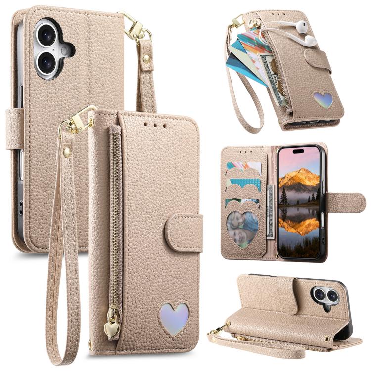 Portafoglio con cerniera a forma di cuore fantasy, custodia per telefono in pelle vegana con cinturino, For iPhone 16 Pro Max, For iPhone 16 Pro, For iPhone 16 Plus, For iPhone 16