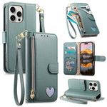 Portafoglio con cerniera a forma di cuore fantasy, custodia per telefono in pelle vegana con cinturino, For iPhone 16 Pro Max, For iPhone 16 Pro, For iPhone 16 Plus, For iPhone 16
