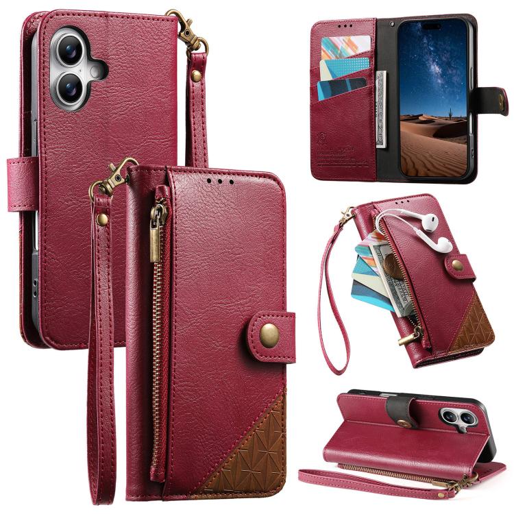 Portafoglio con cerniera e cinturino in ecopelle vegana, For iPhone 16 Pro Max, For iPhone 16 Pro, For iPhone 16 Plus, For iPhone 16