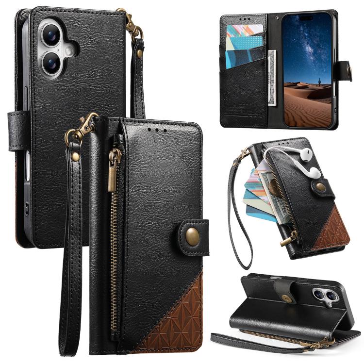 Portafoglio con cerniera e cinturino in ecopelle vegana, For iPhone 16 Pro Max, For iPhone 16 Pro, For iPhone 16 Plus, For iPhone 16