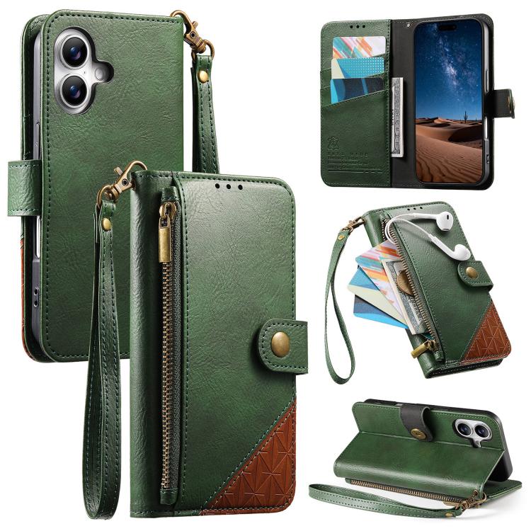 Portafoglio con cerniera e cinturino in ecopelle vegana, For iPhone 16 Pro Max, For iPhone 16 Pro, For iPhone 16 Plus, For iPhone 16