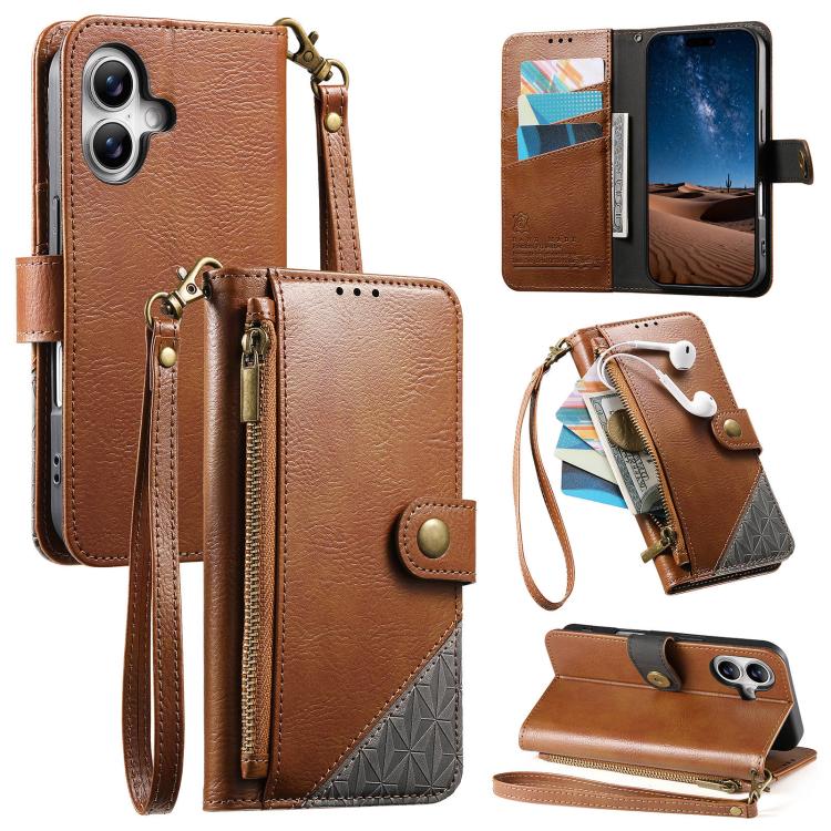 Portafoglio con cerniera e cinturino in ecopelle vegana, For iPhone 16 Pro Max, For iPhone 16 Pro, For iPhone 16 Plus, For iPhone 16