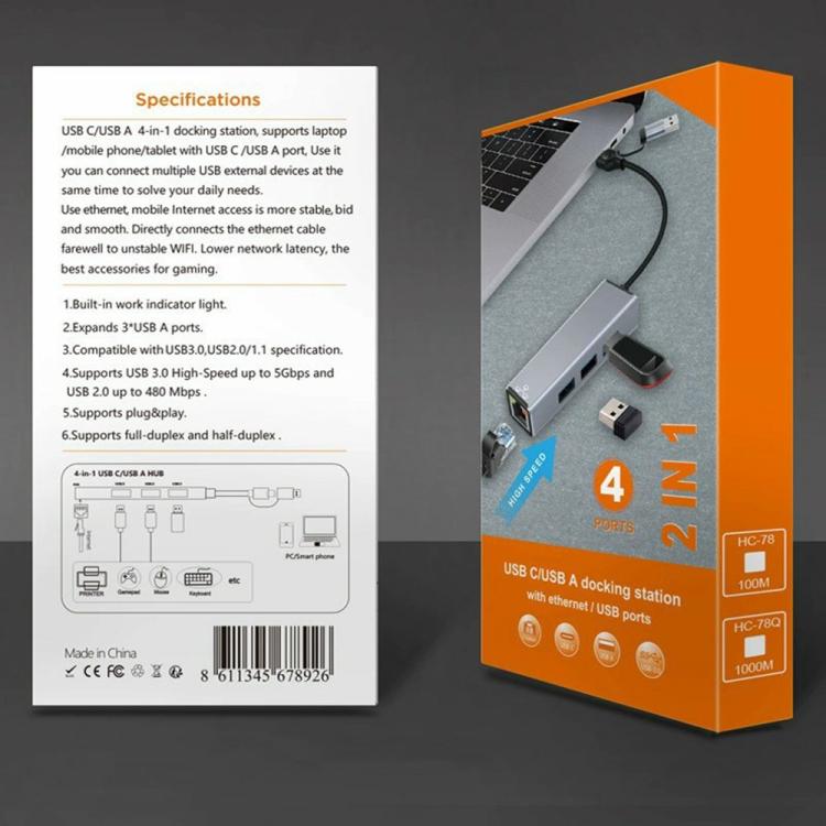 Hub USB-C e USB-A 4 in 1 con porte USB e Ethernet RJ45