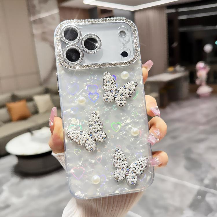 Custodia con texture conchiglia, perle e glitter per iPhone 16 Pr