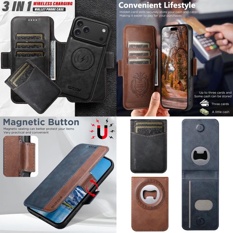 Custodia per telefono Suteni Q07S5 3 in 1 con apribottiglie staccabile, porta carte magnetico e inserti in ecopelle., For iPhone 13 Pro Max, For iPhone 13 Pro, For iPhone 13, For iPhone 12, For iPhone 12 Pro Max, For iPhone 12 Pro