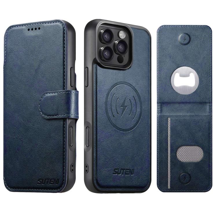 Suteni Q05S5 Custodia per telefono 3 in 1 con apribottiglie staccabile, porta carte magnetico in pelle bovina vegana, For iPhone 17 Pro Max, For iPhone 17 Pro, For iPhone 17, For iPhone Air, For iPhone 16 Pro Max, For iPhone 16 Pro, For iPhone 16 Plus ...