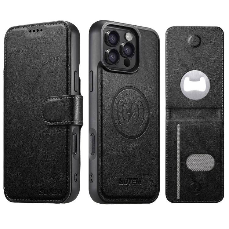 Suteni Q05S5 Custodia per telefono 3 in 1 con apribottiglie staccabile, porta carte magnetico in pelle bovina vegana, For iPhone 17 Pro Max, For iPhone 17 Pro, For iPhone 17, For iPhone Air, For iPhone 16 Pro Max, For iPhone 16 Pro, For iPhone 16 Plus ...