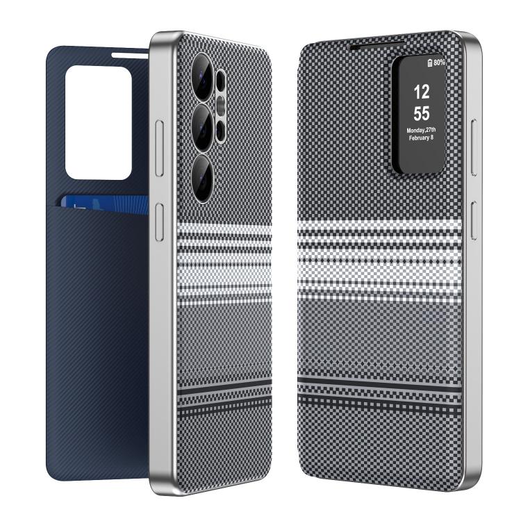 Custodia Smart View in ecopelle con motivo a quadri per Samsung Galaxy