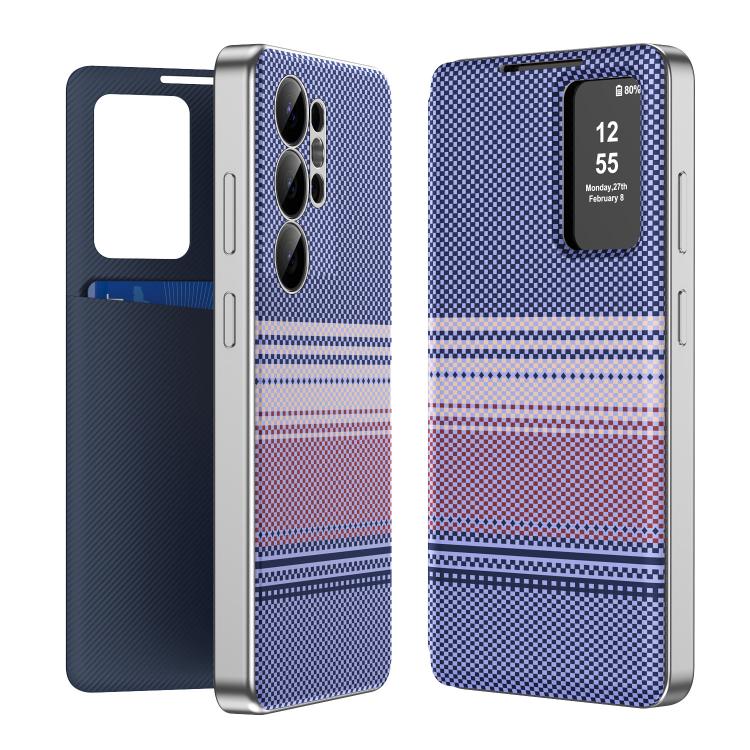 Custodia Smart View in ecopelle con motivo a quadri per Samsung Galaxy