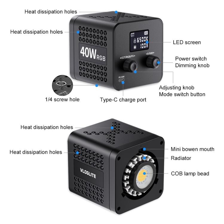VLOGLITE P40RGB Luce video COB RGB da 40W per fotografia e studio, con 20 modalità effetti., P40RGB