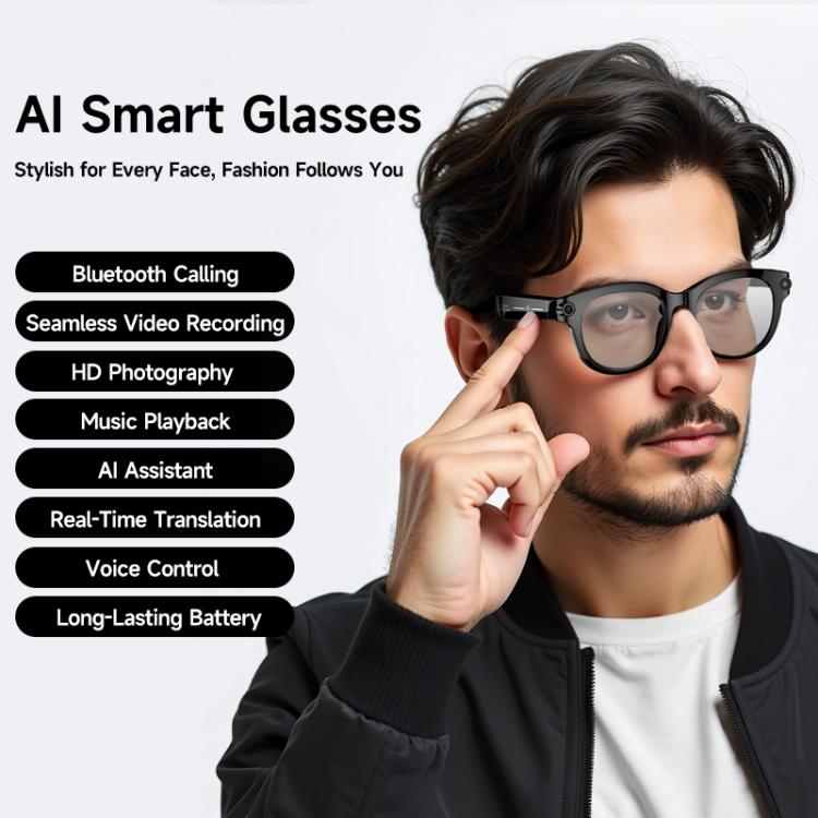 Occhiali intelligenti M89-S da 8 MP con intelligenza artificiale, supporto per chiamate Bluetooth, assistente vocale AI e controllo della musica.