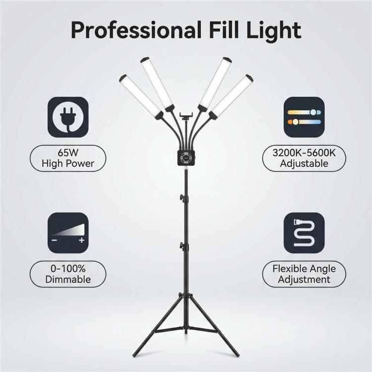 HD-150XJ Luce LED per fotografia da 65 W con temperatura di colore regolabile da 3200K a 5600K e telecomando, a 4 bracci, luce di riempimento., US Plug, EU Plug, UK Plug, AU Plug