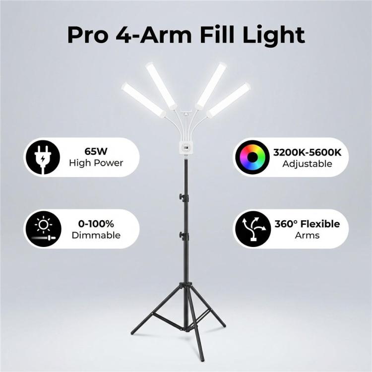HD-150XJ Luce LED per fotografia da 65 W con temperatura di colore regolabile da 3200K a 5600K e telecomando, a 4 bracci, luce di riempimento., US Plug, EU Plug, UK Plug, AU Plug