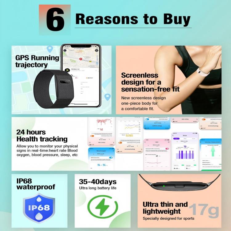 Braccialetto intelligente Bluetooth senza schermo H59max+ con cinturino in silicone, supporto per notifiche di chiamate in arrivo e report sullo stato di salute tramite intelligenza artificiale.