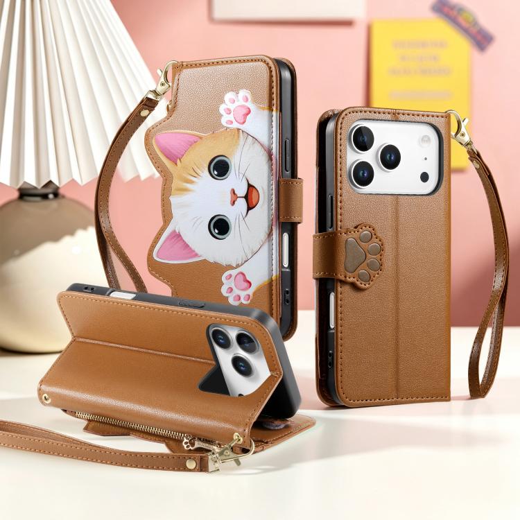 Custodia portafoglio a forma di gatto in ecopelle per iPhone 17 P