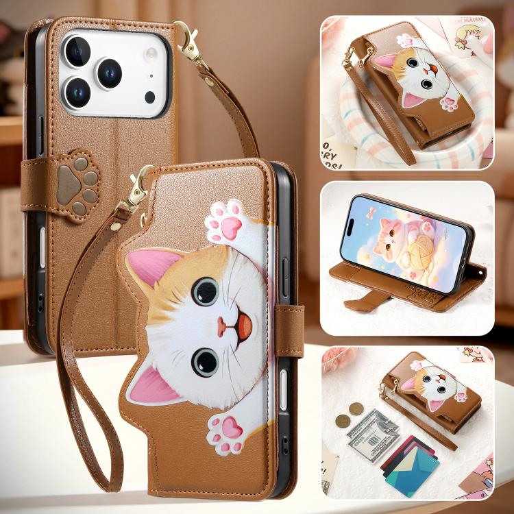 Custodia portafoglio a forma di gatto in ecopelle per iPhone 17 P