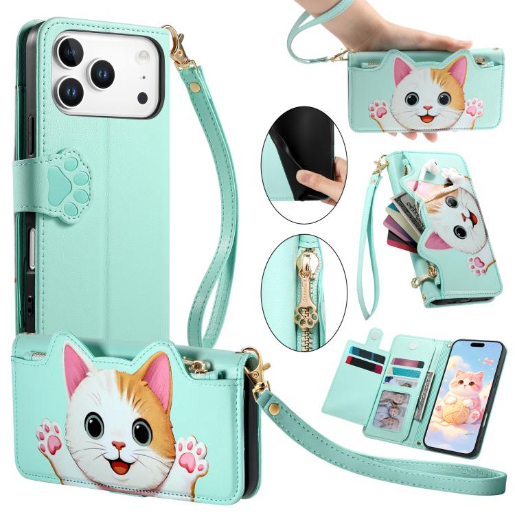 Custodia portafoglio a forma di gatto in ecopelle per iPhone 17 P
