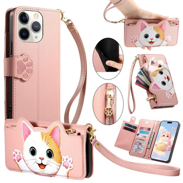 Custodia portafoglio gatto in ecopelle con cerniera per iPhone 11