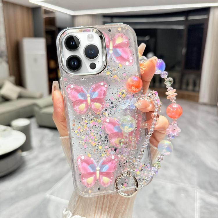 Custodia TPU con farfalla 3D glitterata e catena per iPhone 15 Pr