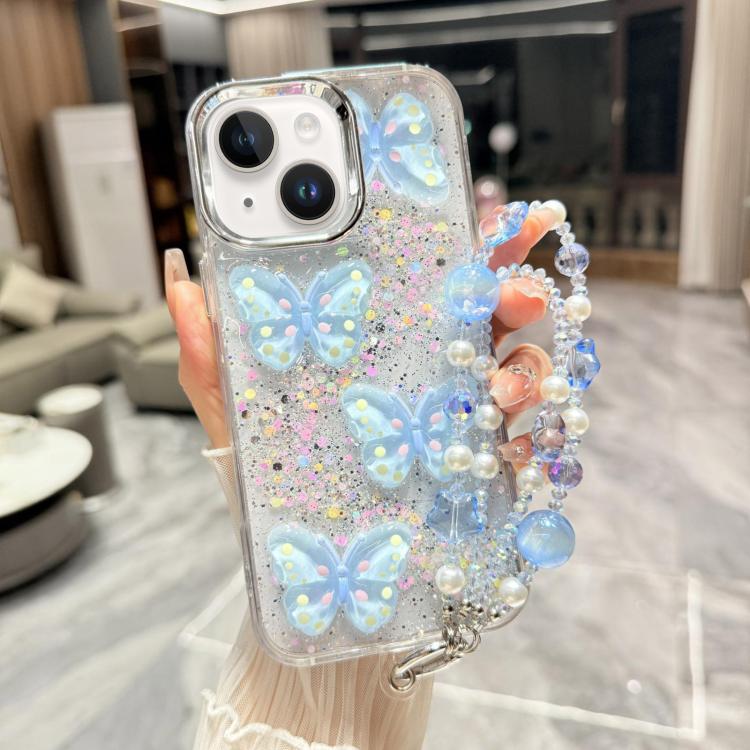 Custodia TPU con farfalla 3D glitterata e catena per iPhone 15 Pr