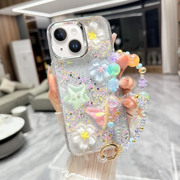 Custodia TPU con farfalla 3D glitterata e catena per iPhone 15 Pr