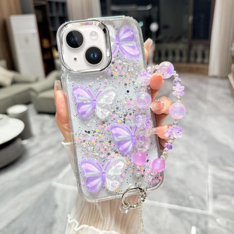 Custodia TPU con farfalla 3D glitterata e catena per iPhone 15 Pr