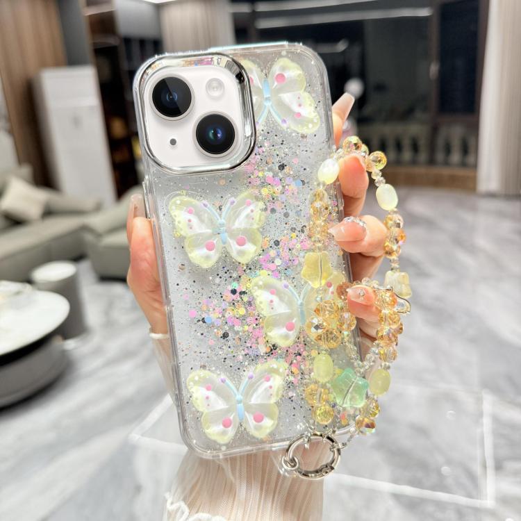 Custodia TPU con farfalla 3D glitterata e catena per iPhone 15 Pr