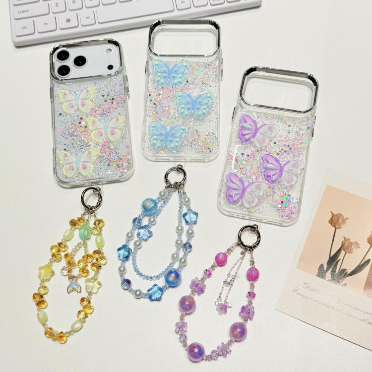 Custodia TPU con farfalla 3D glitterata e catena per iPhone 15 Pr