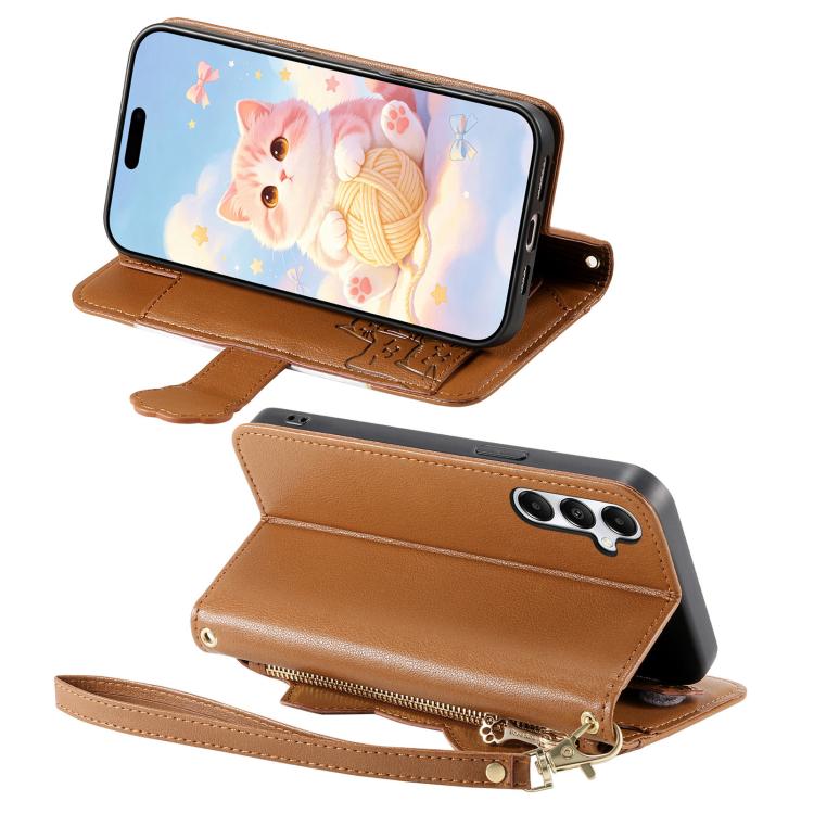 Portafoglio a forma di gatto con cerniera in ecopelle per Galaxy A27 5G, S25 FE