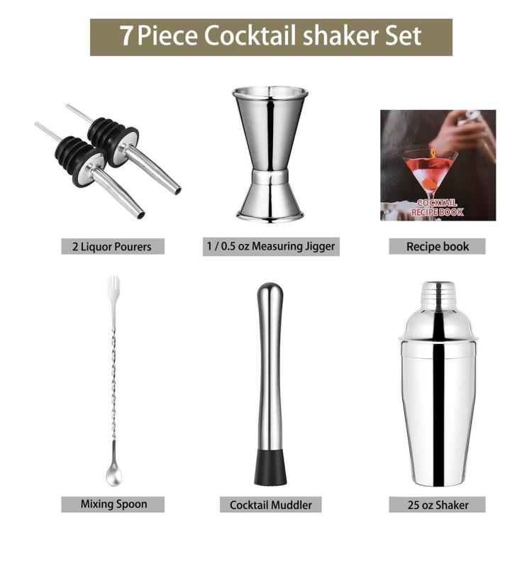 Set cocktail acciaio inox shaker 750 ml 7 pezzi