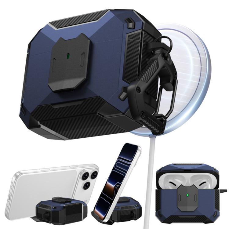 Custodia per auricolari con clip magnetica e moschettone a forma di armatura