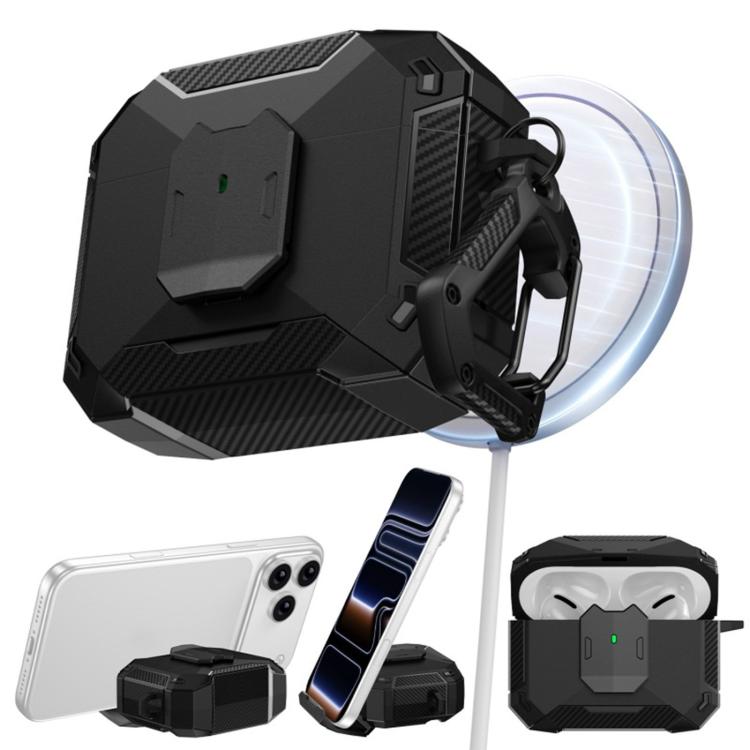 Custodia per auricolari con clip magnetica e moschettone a forma di armatura