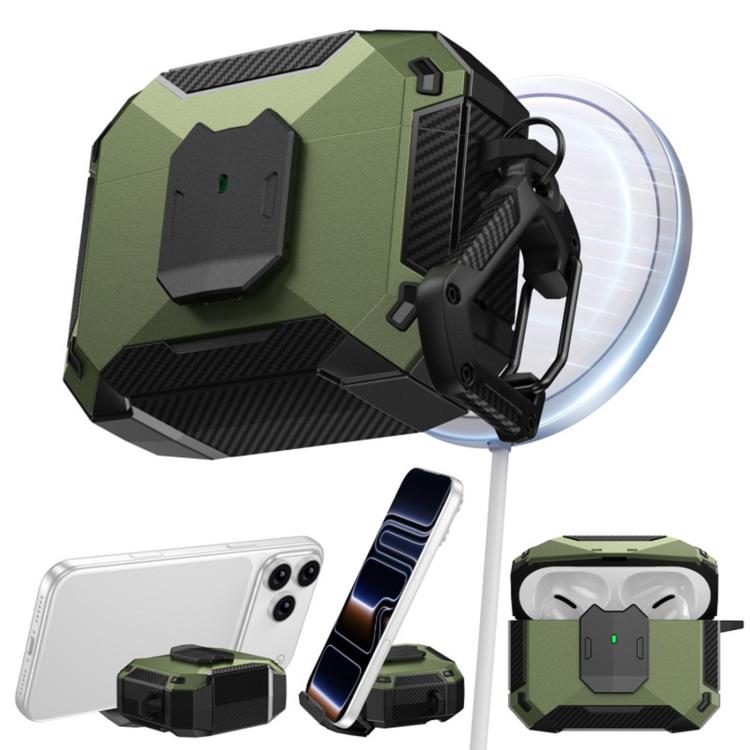 Custodia per auricolari con clip magnetica e moschettone a forma di armatura