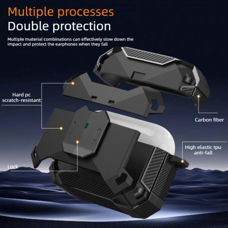 Custodia per auricolari con clip magnetica e moschettone a forma di armatura
