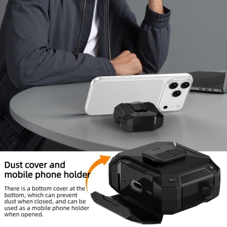 Custodia per auricolari con clip magnetica e moschettone a forma di armatura