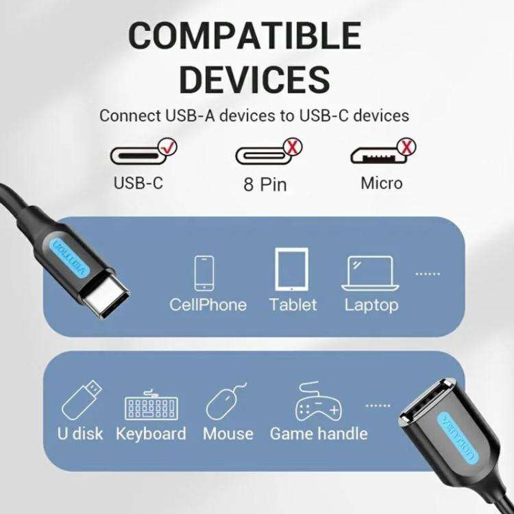 VENTION CCS Series 0.15m USB 2.0 Type-C Male to USB-A Female 480Mbps Transfer OTG Data Cable, Type-C M to USB-A F