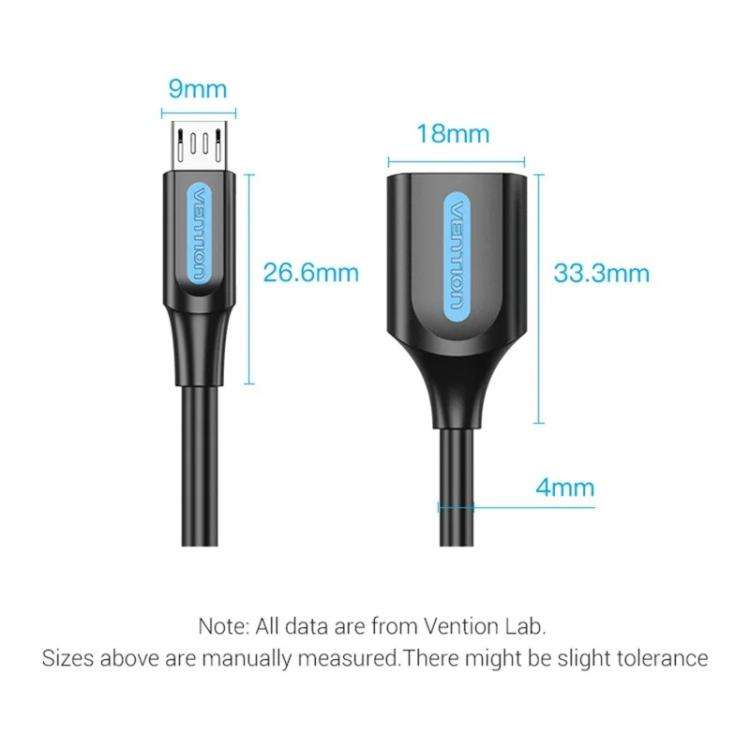 VENTION CCU Series USB 2.0 Micro-B Male to USB-A Female OTG Adapter 0.15m Round PVC Data Cable, Micro-B M to USB-A F