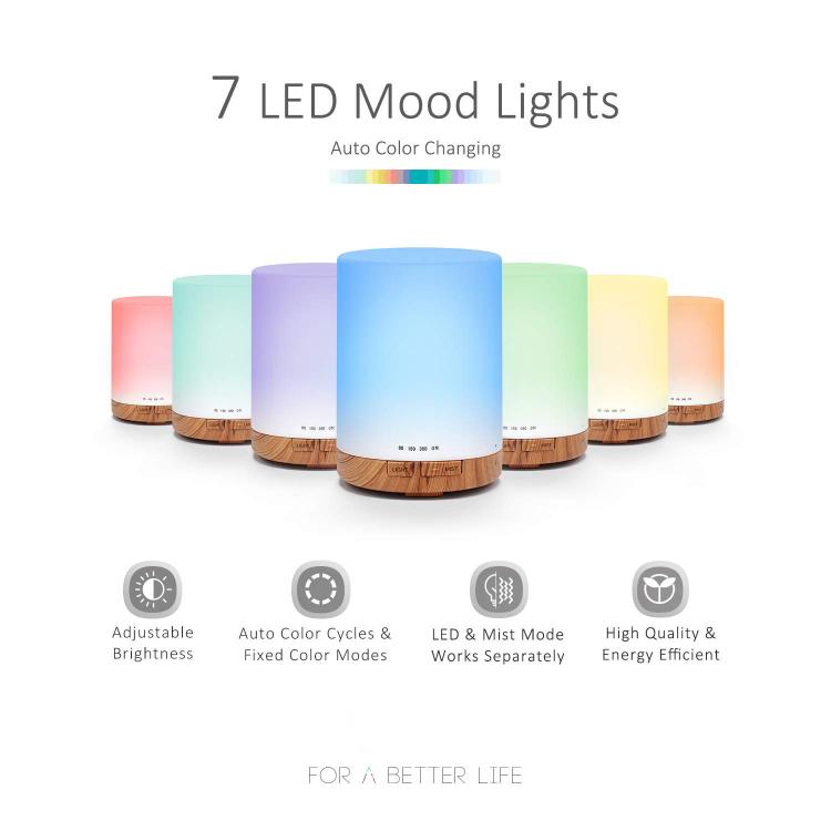 Diffusore di oli essenziali da 300 ml, umidificatore ad ultrasuoni per aromaterapia per camera da letto, con 7 luci LED colorate., UK Plug, EU Plug, US Plug