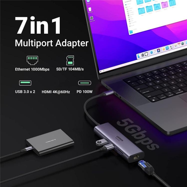 Hub USB-C UGREEN 60515 7 in 1 con Ethernet Gigabit e 4K - immagine 2