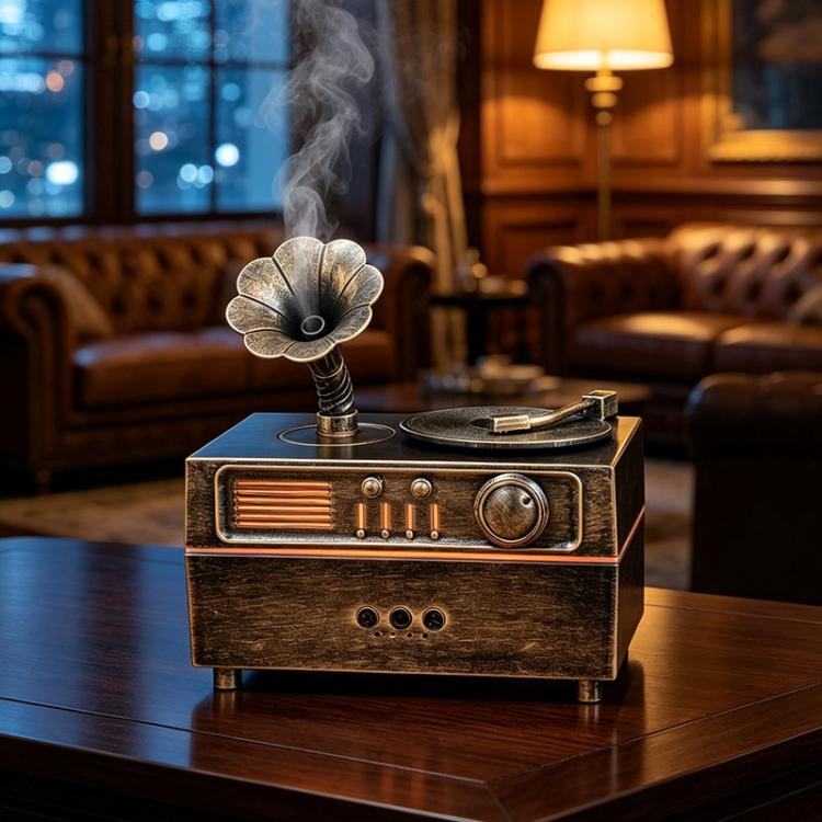 Phonograph Retro Style Aromatherapy Diffuser, 7 Color Atmosphere Light Effects, 3 Gear Timing Used For Indoor Humidification, Light Wood Grain, White, Black, Antique Copper?