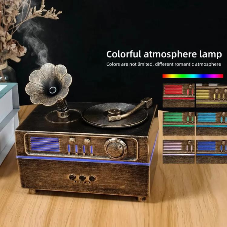 Phonograph Retro Style Aromatherapy Diffuser, 7 Color Atmosphere Light Effects, 3 Gear Timing Used For Indoor Humidification, Light Wood Grain, White, Black, Antique Copper?