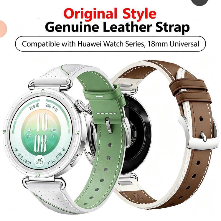 Push Button Spring Bar Style Pin Buckle Two-Tone Genuine Leather Watch Band, 18mm