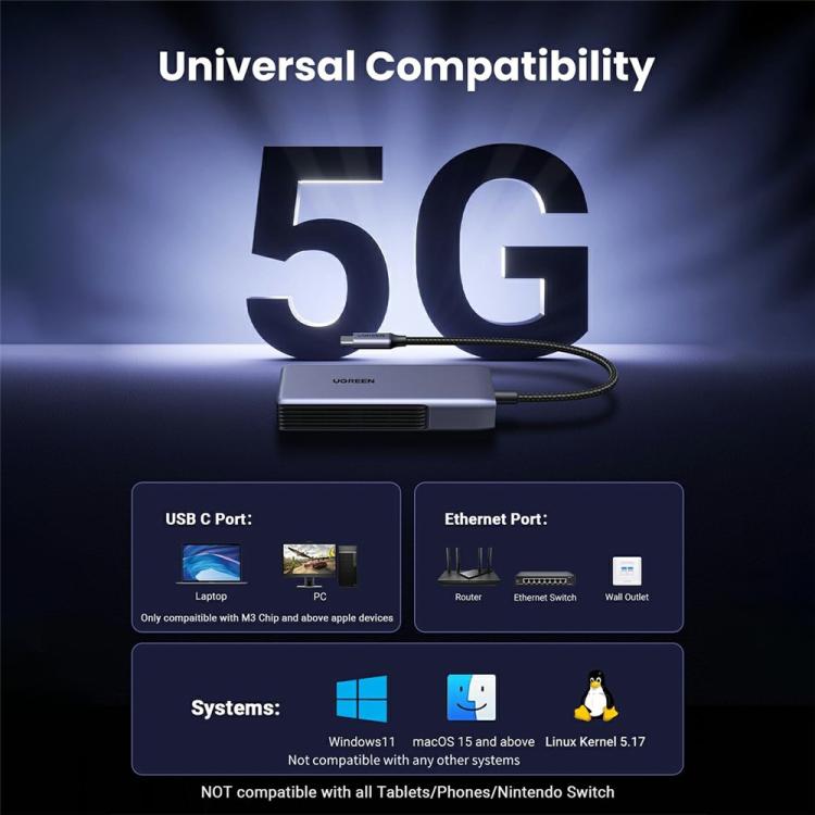 Adattatore Ethernet UGREEN CM848 35921 USB-C a RJ45 da 5 Gbps con scocca in lega di alluminio, CM848-35921