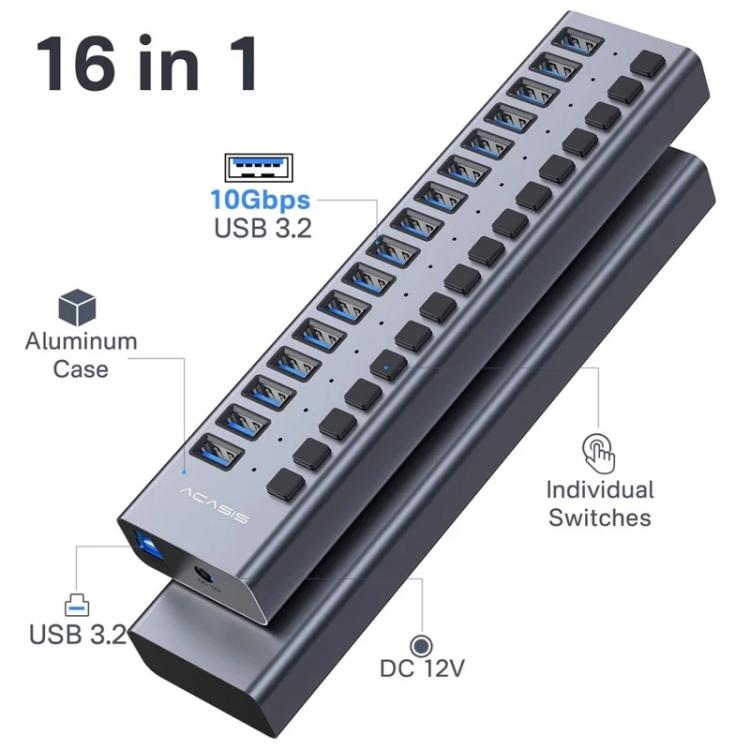 ACASIS HS-716 16-Port USB3.2 HUB 10Gbps Aluminum Splitter with 96W Power Adapter, HS-716