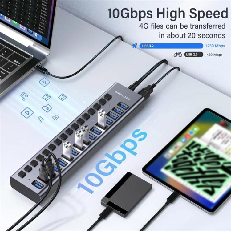 ACASIS HS-716 16-Port USB3.2 HUB 10Gbps Aluminum Splitter with 96W Power Adapter, HS-716