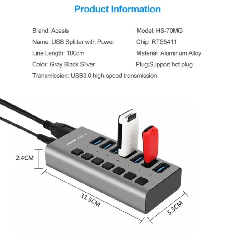 ACASIS HS-707MG 7-Ports USB3.0 HUB 5Gbps with Independent Switch, HS-707MG